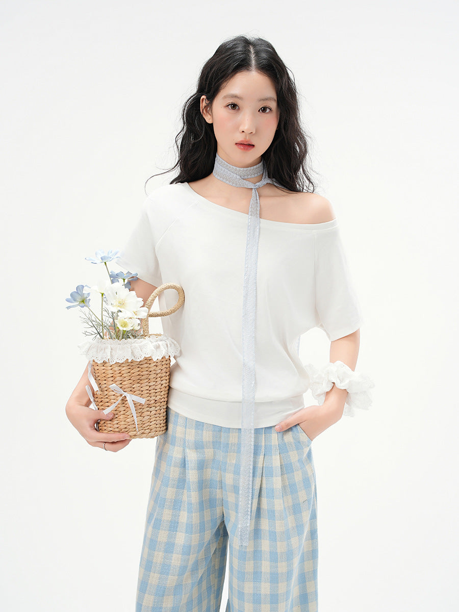 Elegant Loose Fit Off-the-Shoulder Top with Neck Strap for Women