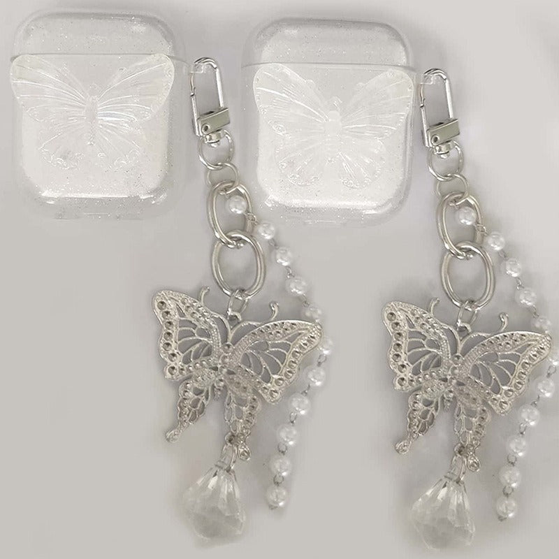 Aesthetic Clear Butterfly Earphone Case with Silver Metal Keychain & Pearl Chain for AirPods 1 / 2 / Pro / 3