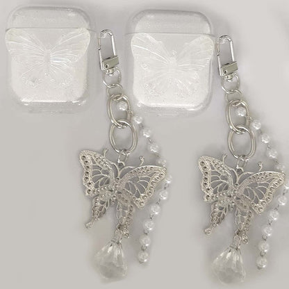 Aesthetic Clear Butterfly Earphone Case with Silver Metal Keychain & Pearl Chain for AirPods 1 / 2 / Pro / 3