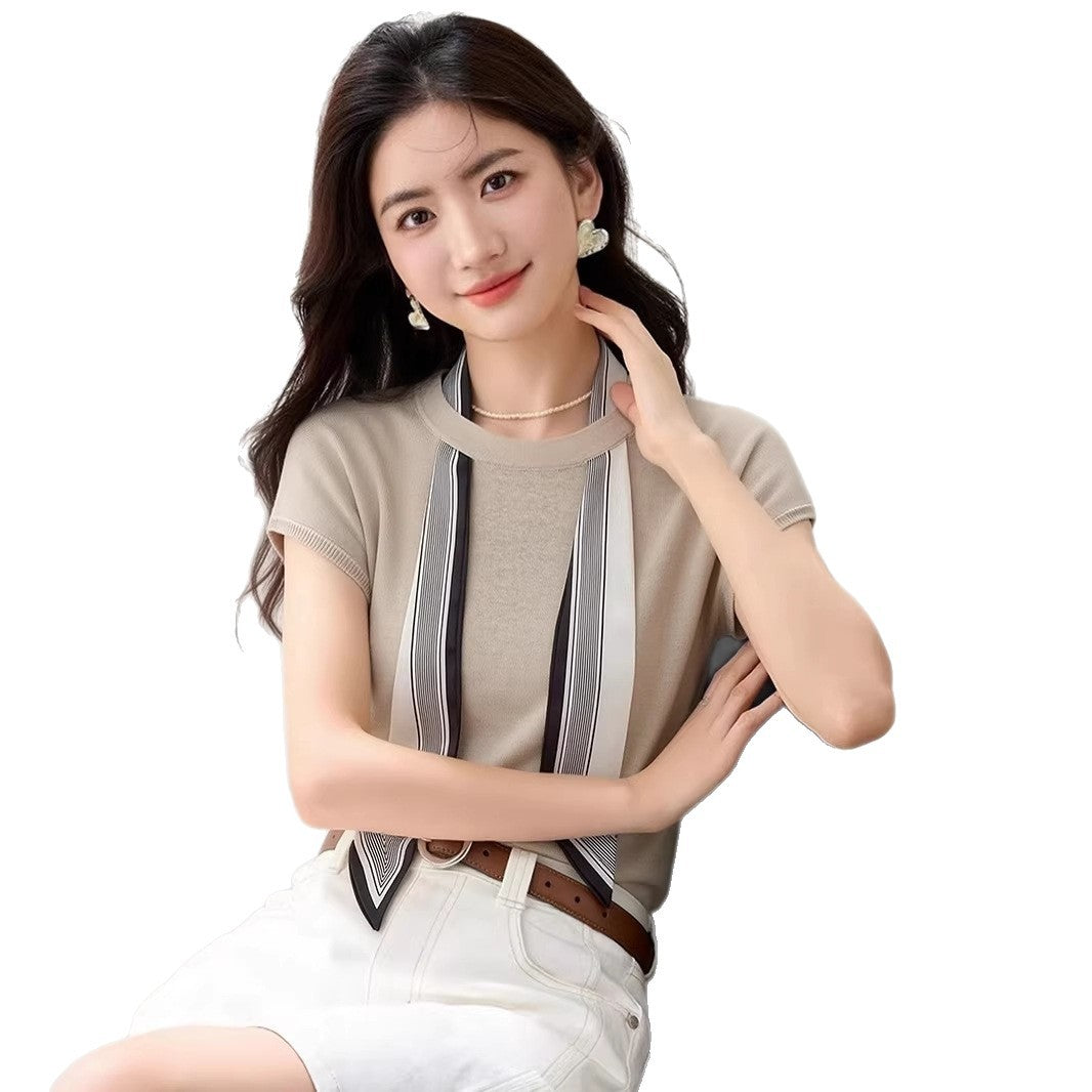 Women's Ice Silk Knit T-Shirt with Scarf Tie - Round Neck Short Sleeve Top