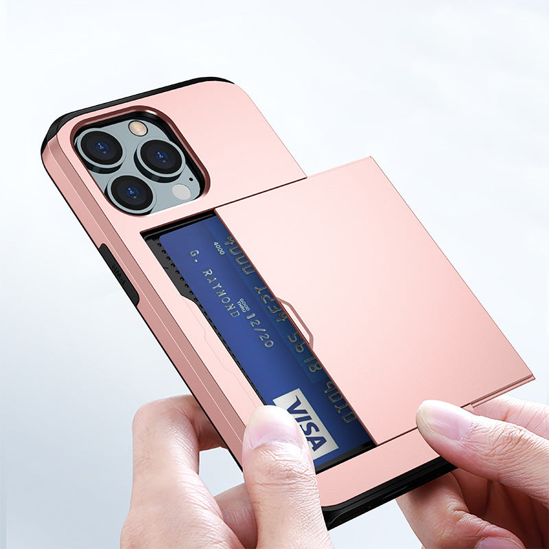 Sliding Card Holder Case for iPhone 14 13 12 Pro - Hidden Wallet Slot Anti-Drop Armor Cover