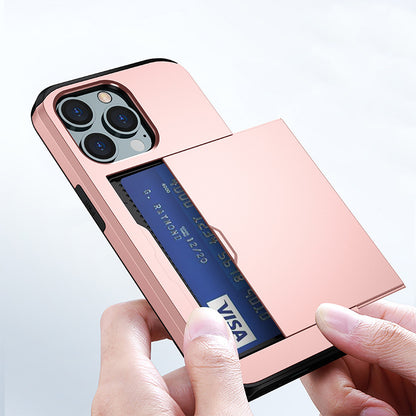 Sliding Card Holder Case for iPhone 14 13 12 Pro - Hidden Wallet Slot Anti-Drop Armor Cover