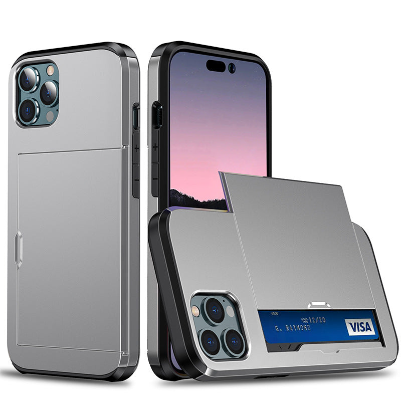 Sliding Card Holder Case for iPhone 14 13 12 Pro - Hidden Wallet Slot Anti-Drop Armor Cover