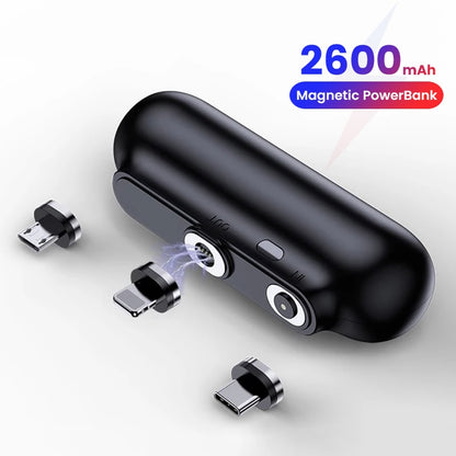 2600mAh Mini Magnetic Capsule Power Bank - Ultra-Compact Emergency Battery Pack with Interchangeable Plugs