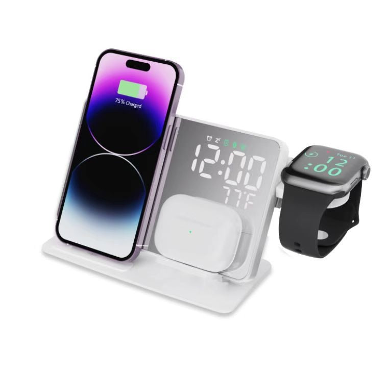 4-in-1 15W Fast Wireless Charging Station - Digital Alarm Clock with Temperature Display & Phone Charger