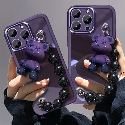 Cute Electroplated Purple TPU Phone Case with Teddy Bear Beaded Bracelet Chain for iPhone 16 15 14 Pro Max