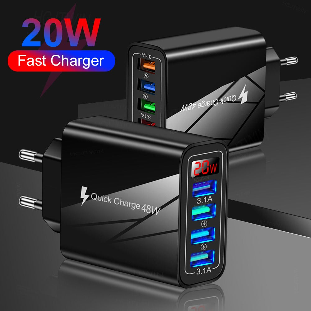 4-Port USB Digital Display Wall Charger - Universal Multi-Port Fast Charging Adapter with Screen