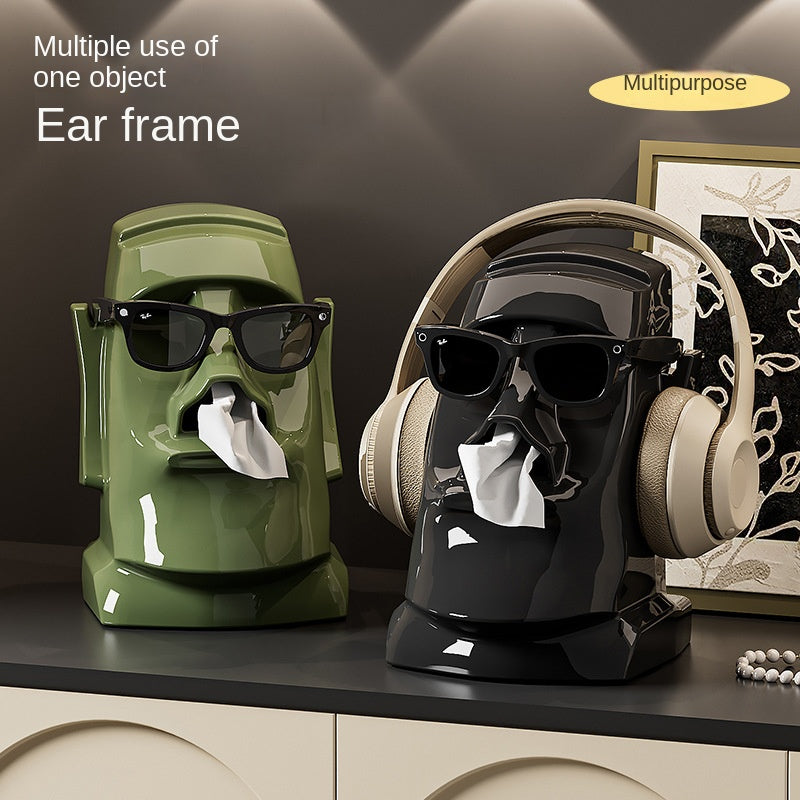 Creative Easter Island Statue Tissue Box - Multifunctional Living Room and Desk Headphone Stand Holder
