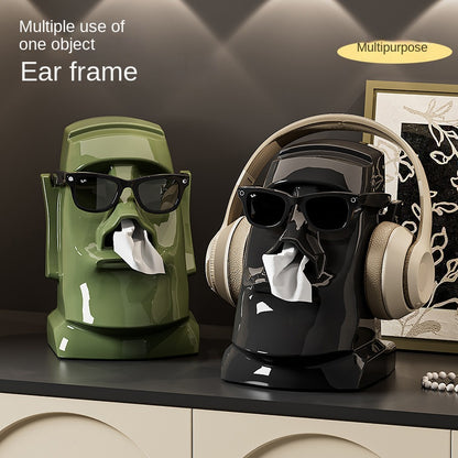 Creative Easter Island Statue Tissue Box - Multifunctional Living Room and Desk Headphone Stand Holder
