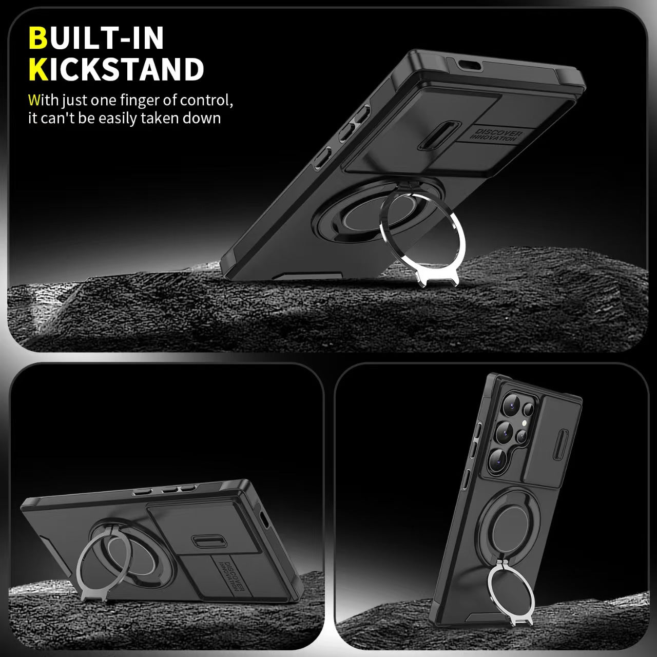 Samsung Galaxy Shockproof Armor Case - Rotating Ring Kickstand & Sliding Camera Lens Cover