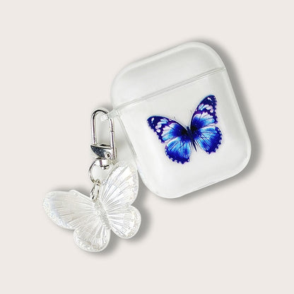 Painted Blue Butterfly Transparent Soft Case with Keychain Pendant for AirPods 1 / 2 / Pro / 3