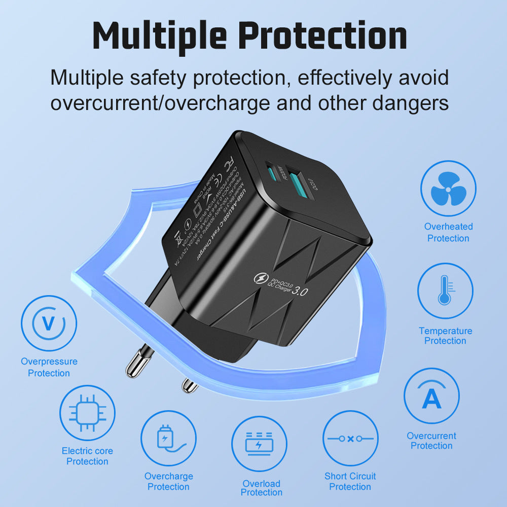 Dual-Port USB & PD Fast Wall Charger - Intelligent Shunt Super Fast Charging Power Adapter