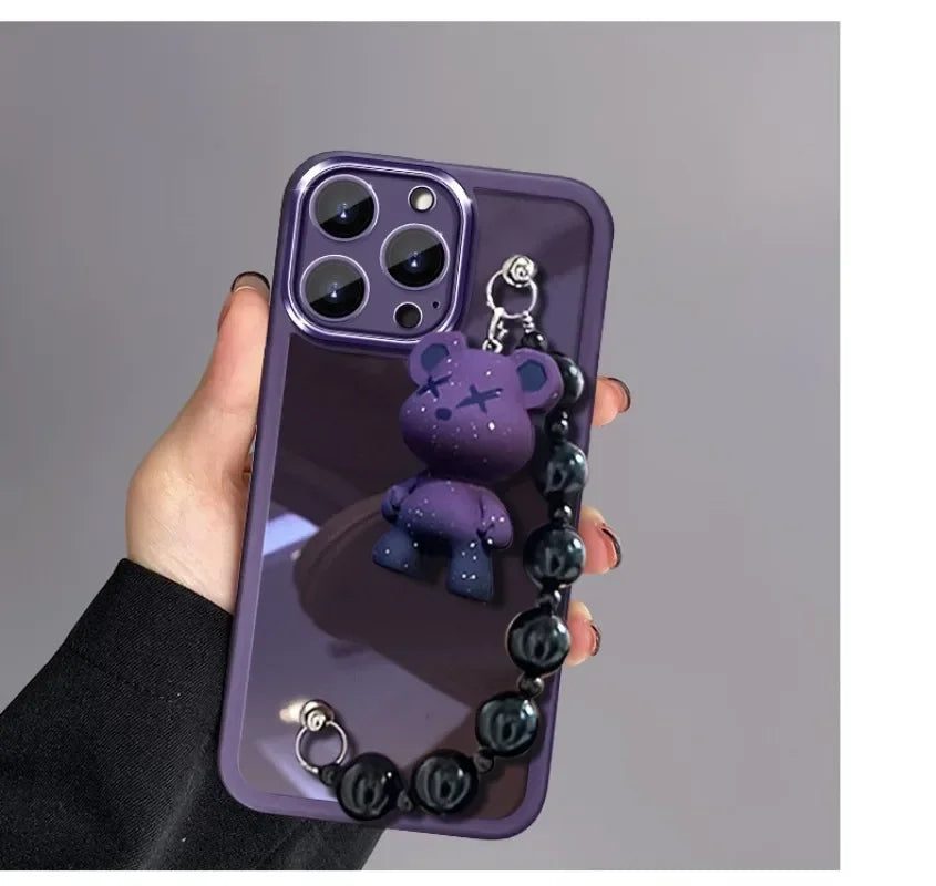 Cute Electroplated Purple TPU Phone Case with Teddy Bear Beaded Bracelet Chain for iPhone 16 15 14 Pro Max