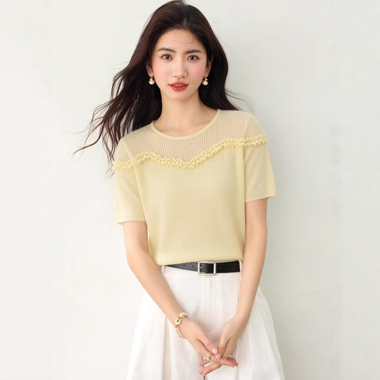 Elegant Lace Trim Round Neck Knit Top - Sweet Short Sleeve Blouse for Women