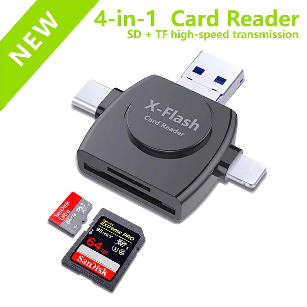 4-in-1 Universal OTG SD/TF Card Reader - USB, Type-C, Lightning & Micro USB Adapter for iPhone, Android & PC