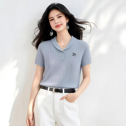 Elegant Flip Collar Cable Knit Blouse - Slim Fit Casual Top for Women