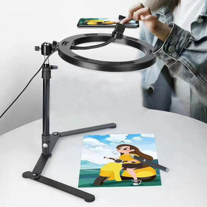 Desktop LED Selfie Ring Light with Phone Holder & Tripod Stand - Overhead Overhead Shooting & Live Broadcast Lamp
