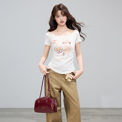 Women's Cute Graphic Print Off-Shoulder Short Sleeve T-Shirt