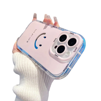 Cute Painted Smiling Face Mirror Phone Case - Cream Glossy Protective Cover for iPhone