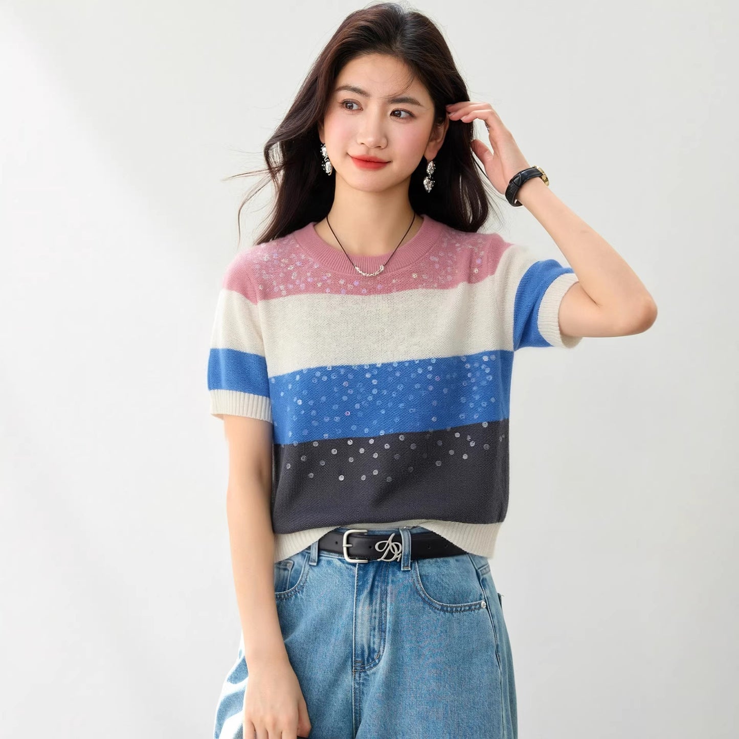 Women's Striped Sequin Short Sleeve T-Shirt - Crew Neck Slim Fit Knit Top