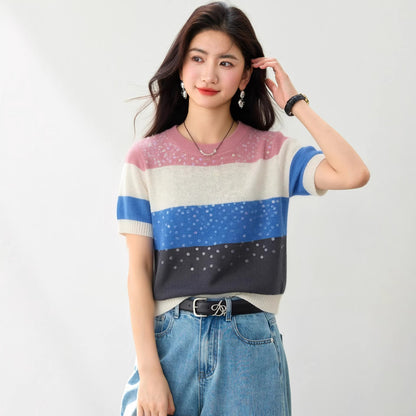 Women's Striped Sequin Short Sleeve T-Shirt - Crew Neck Slim Fit Knit Top