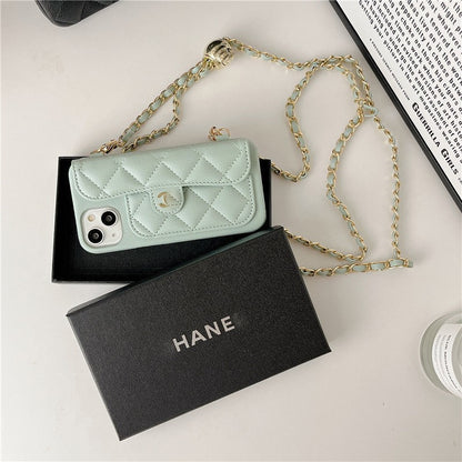 Luxury Quilted Leather Wallet Phone Case with Crossbody Chain & Card Holder for iPhone 16 15 14 13 Pro Max