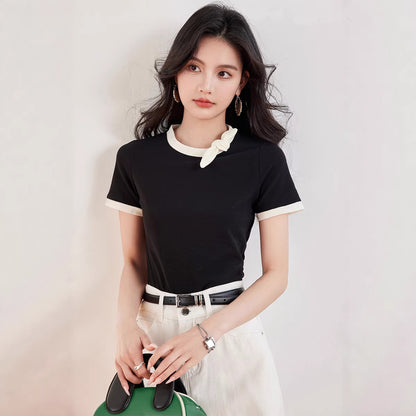 Chic Black Cotton T-Shirt for Women - Short Sleeve Summer Top with Bow Detail