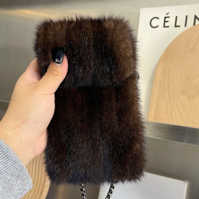 Luxury Real Mink Fur Crossbody Phone Bag for Women - Plush Winter Shoulder Messenger Pouch