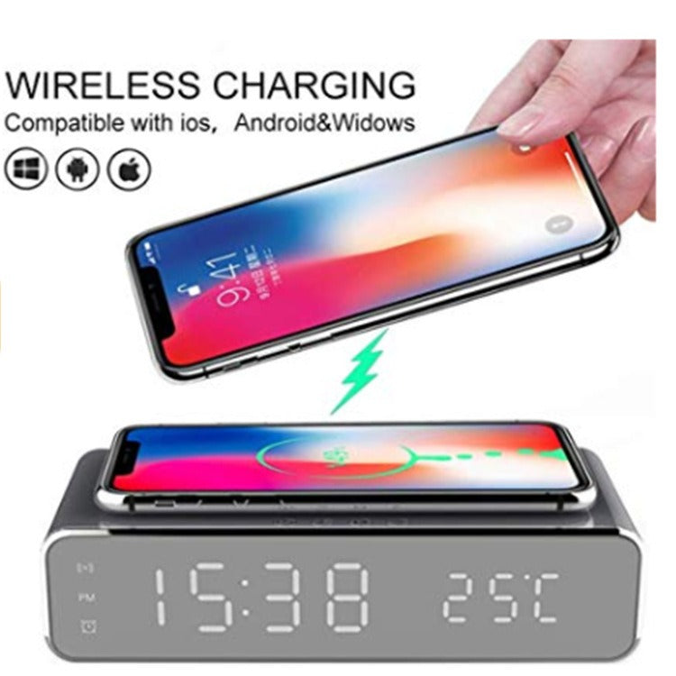 Qi Wireless Charging Pad & Digital Alarm Clock - Bedside Desk Clock with Thermometer