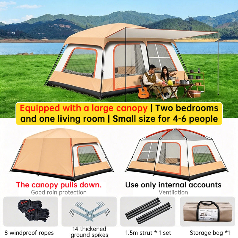 4-6 Person Family Camping Tent with Sunshade Awning - Waterproof Cabin Tent