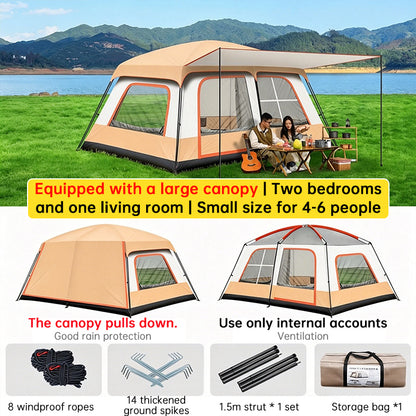 4-6 Person Family Camping Tent with Sunshade Awning - Waterproof Cabin Tent