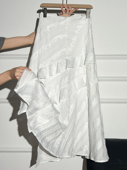 Women's High-Waist Slimming Tiered Midi Skirt - Asymmetric White Skirt