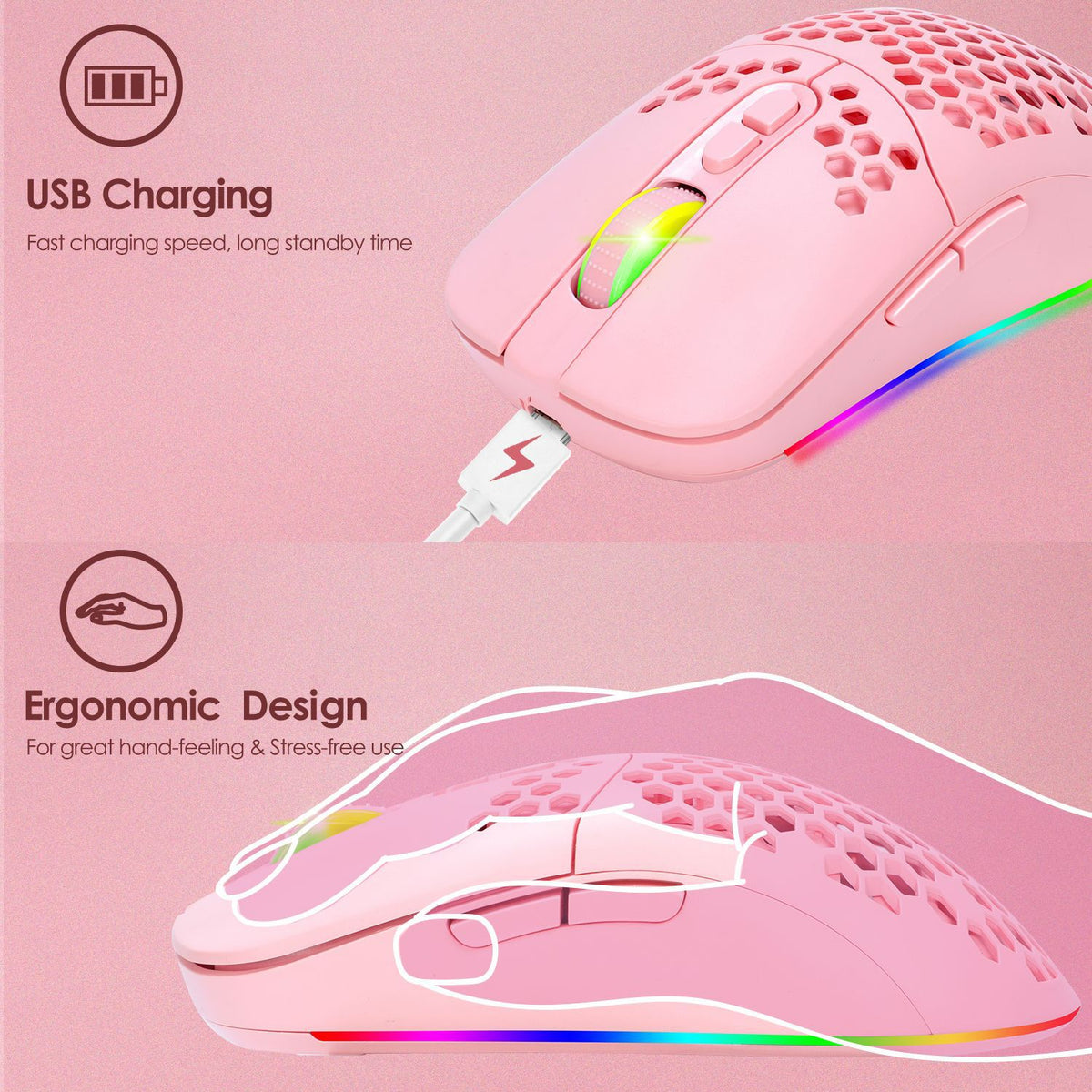 Lightweight Wireless Bluetooth Mouse - RGB Honeycomb Mute Gaming Mouse with Rechargeable Battery