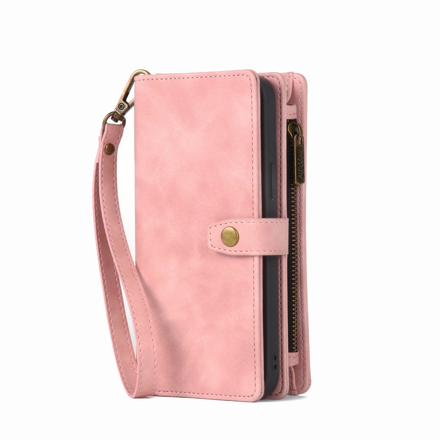 Multi-Card Slot Leather Flip Wallet Case for iPhone 15 14 13 12 Pro Max - Zipper Pocket Cover with Wristlet