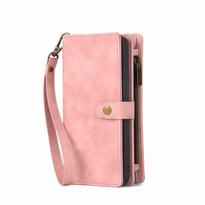 Multi-Card Slot Leather Flip Wallet Case for iPhone 15 14 13 12 Pro Max - Zipper Pocket Cover with Wristlet