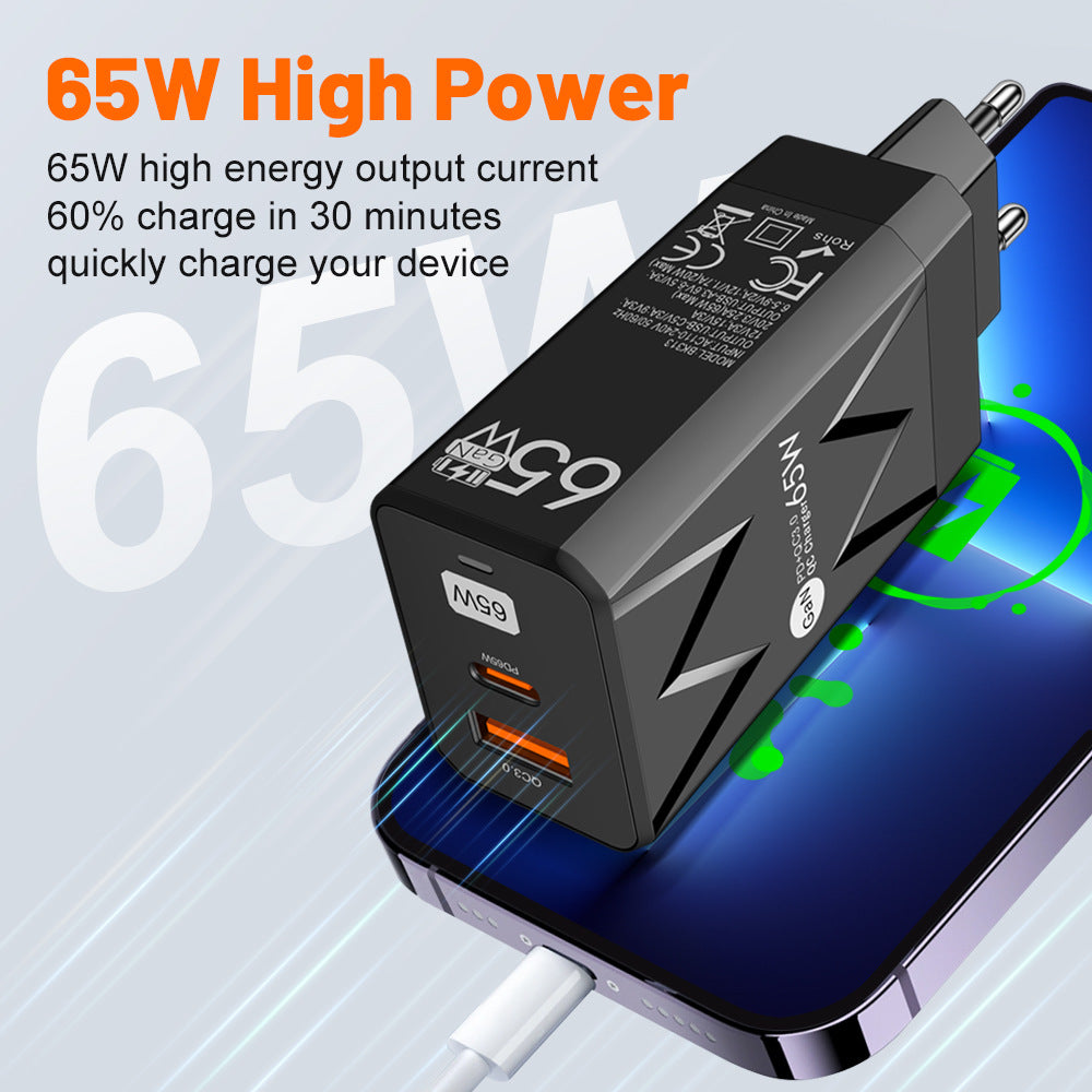 65W GaN Fast Charging Head - Universal Global Travel Wall Charger with US, EU & UK Plugs