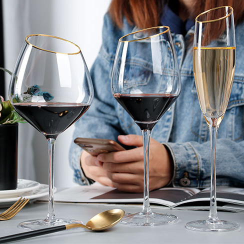 Nordic Bevel Gold Rim Crystal Wine Glass | Creative Slant Cut Champagne Goblet