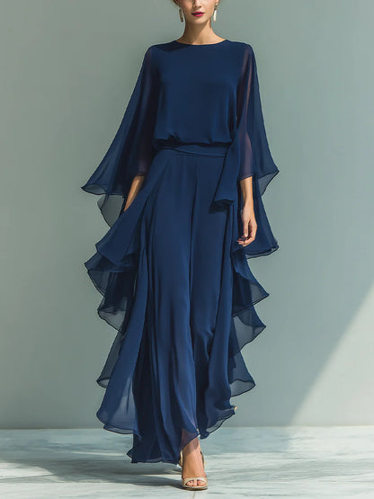 Women's Elegant Deep Blue Ruffle Wide-Leg Pants Set - Two-Piece Long Sleeve Outfit