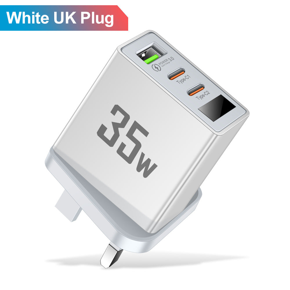 35W 3-Port Fast Wall Charger - 1 USB & 2 Type-C Intelligent Digital Display Power Adapter