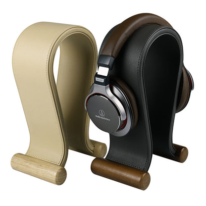 Walnut Wood U-Shaped Headphone Stand - Leather & Wood Headset Holder Display Rack