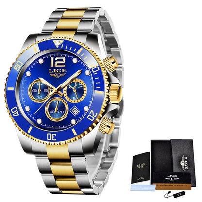 LIGE Luxury Men's Chronograph Quartz Watch - Waterproof Stainless Steel Sports Wristwatch