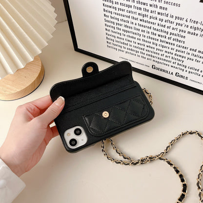 Luxury Quilted Leather Wallet Phone Case with Crossbody Chain & Card Holder for iPhone 16 15 14 13 Pro Max