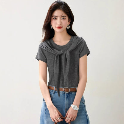 Women's Chic Two-Piece T-Shirt with Shoulder Wrap - Elegant Summer Knit Top