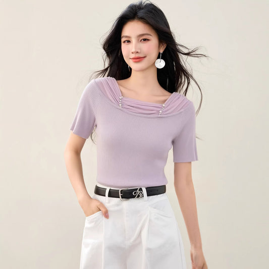 Women's Lace Spliced Off-Shoulder Knit Top - Slim Fit Short Sleeve Blouse