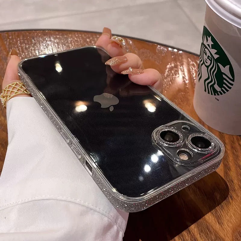 Aesthetic Glitter Rhinestone Edge Clear iPhone Case - Mirror Back Glass Lens Protection Cover