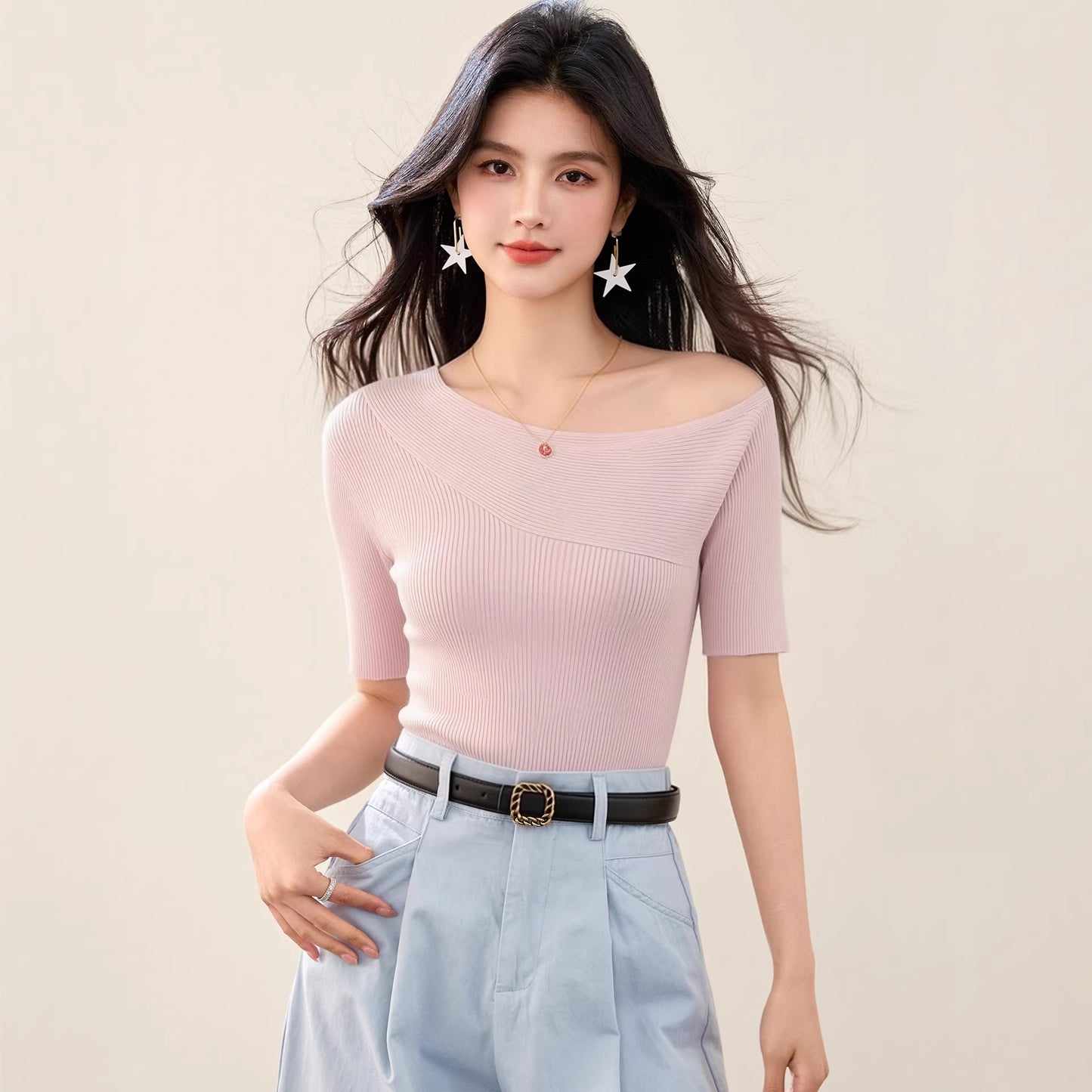 Off-Shoulder Waist Cinched Mid Sleeve T-Shirt - Summer High-End Top