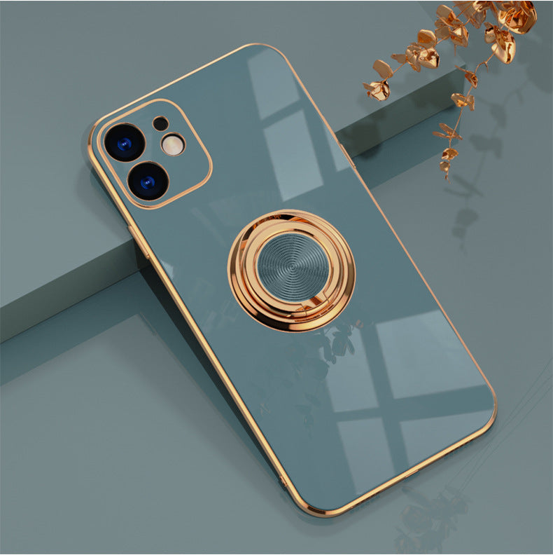 Luxury Plating Ring Holder Case for iPhone 14 13 12 - Magnetic Car Mount Kickstand Soft Silicone Cover