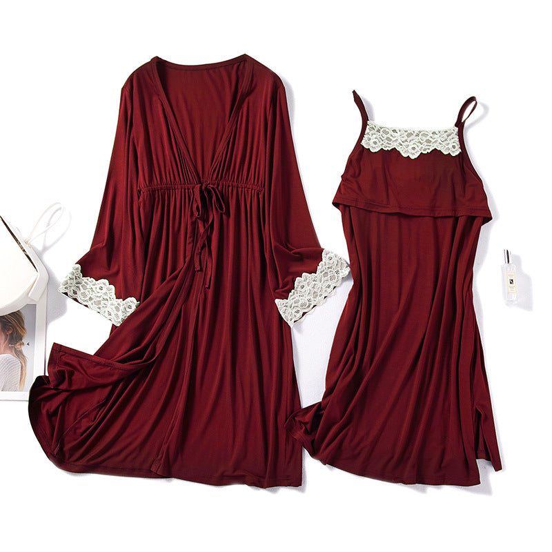 Women's Modest Modal Postpartum Robe and Nightgown Two-Piece Nursing Set