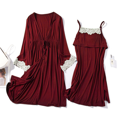 Women's Modest Modal Postpartum Robe and Nightgown Two-Piece Nursing Set