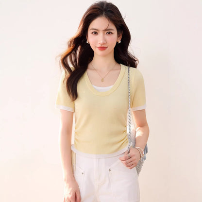 Women's U-Neck Color-Block Knit Top - Slimming Waist Cinching T-Shirt